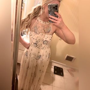 Nude Pink Adrianna Papell Bohemian Hand Beaded Tulle See Through Halter Dress